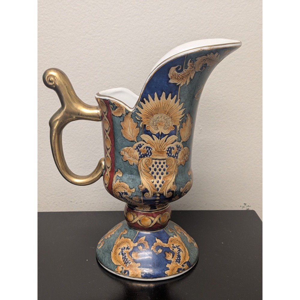 Oriental Accent Ceramic Pitcher Vase Ornate Floral Gold Gilt Pedestal 9"